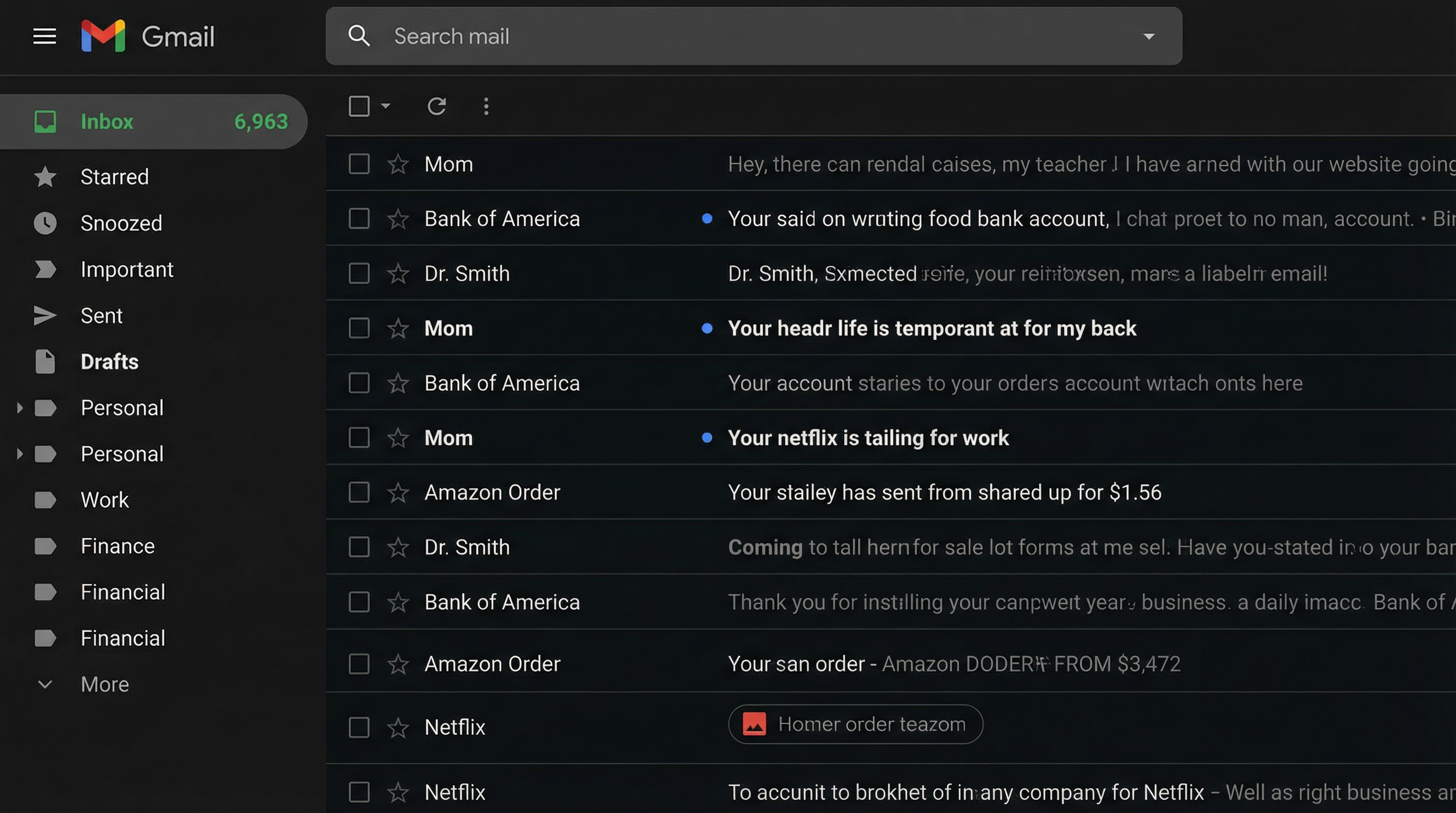 Gmail inbox after cleanup showing 6,963 emails