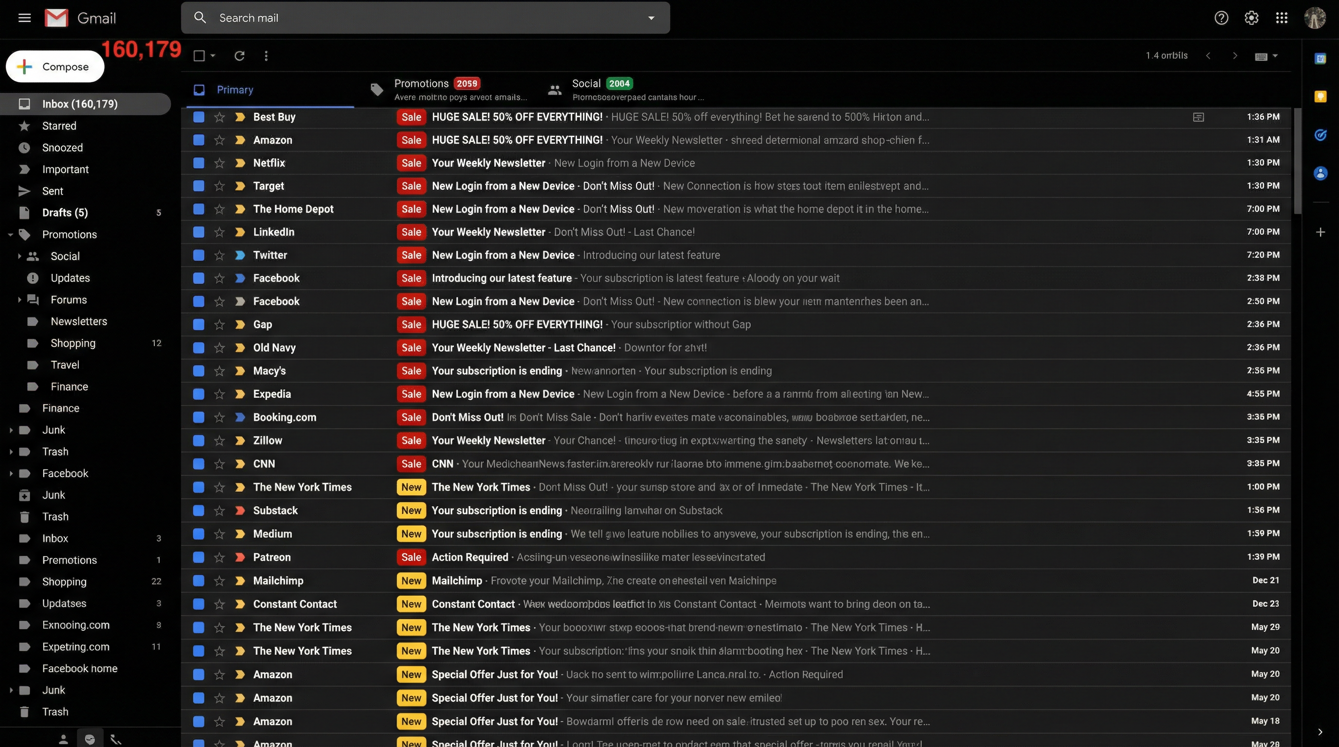 Gmail inbox before cleanup showing 160,179 emails